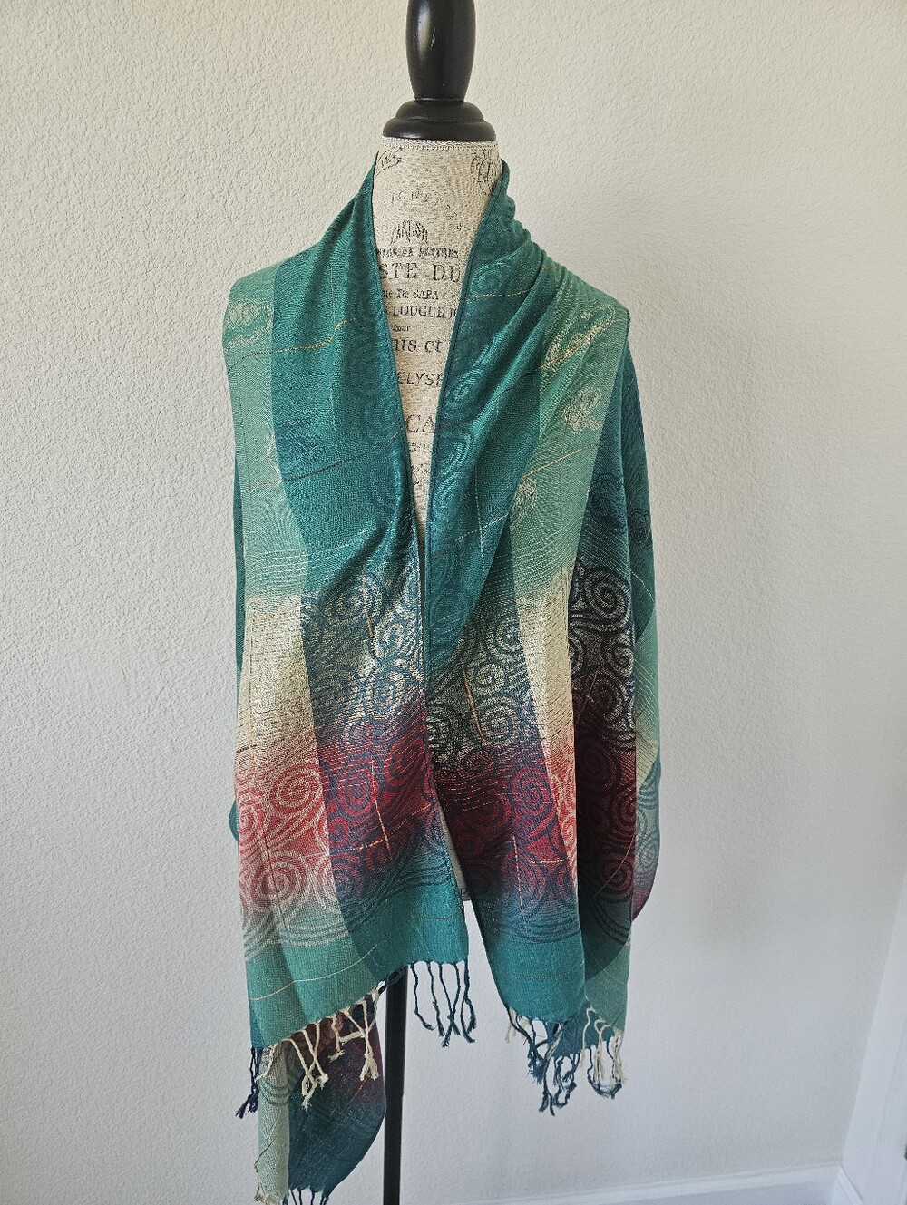 F.C. Boho Teal Swirl Jacquard Pashmina Scarf – Multicolor Fringed Festival Shawl